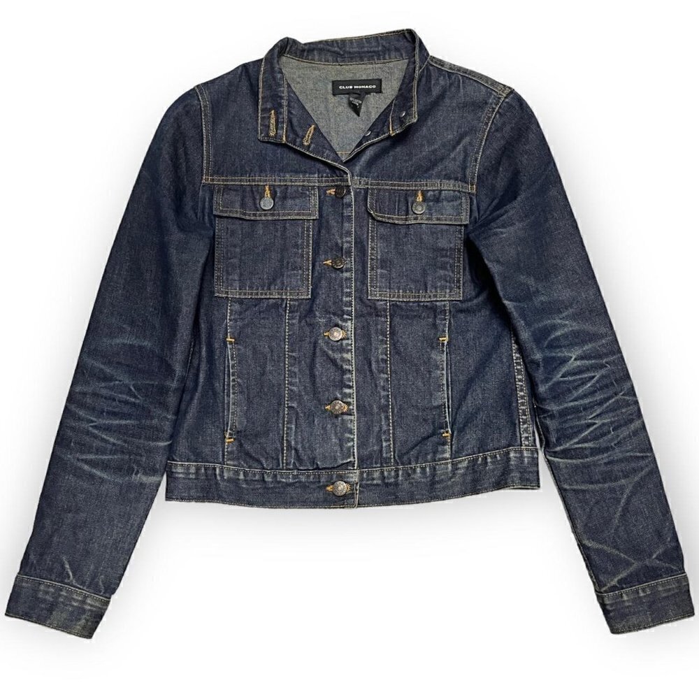 Club Monaco Luxury Designer Collarless Cropped Denim Jean Jacket - Womens S
